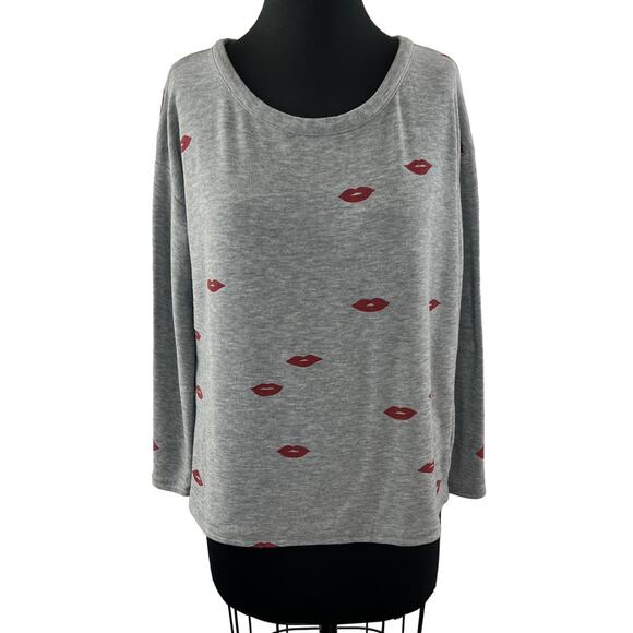 CHASER Gray Sweater Lips Printed Round Neck Long Sleeve Regular Pullover S Small - Picture 1 of 8
